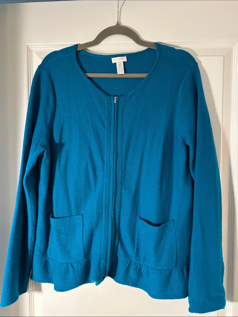 Chico's Teal Zip-Up Wool Cardigan with Front Pockets and Flutter Hem